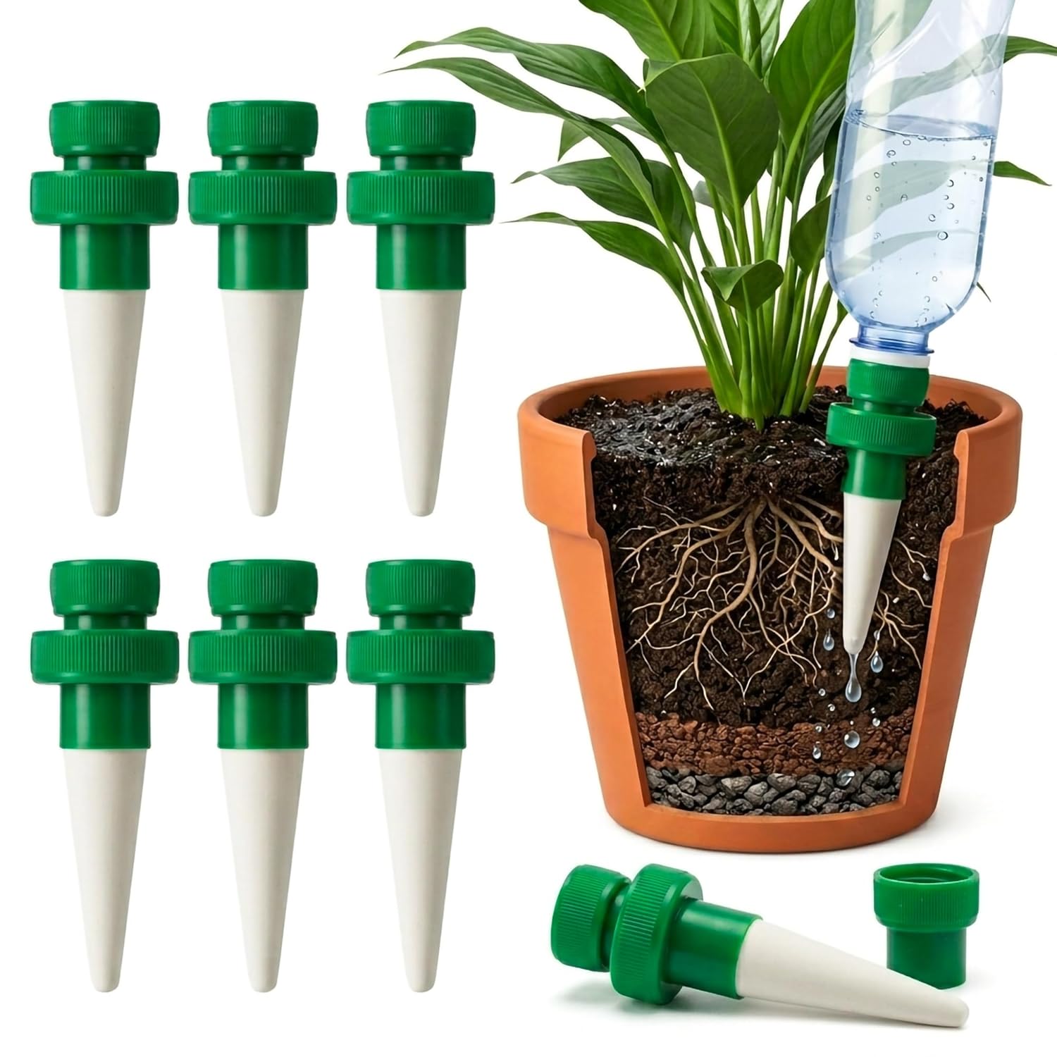Automatic Plant Waterer - อุปกรณ์รดน้ำต้นไม้อัตโนมัติแบบแท่งดินเผาสำหรับขวดพลาสติก 6 ชิ้น สำหรับต้นไม้ในร่มและกลางแจ้ง เป็นมิตรต่อสิ่งแวดล้อม