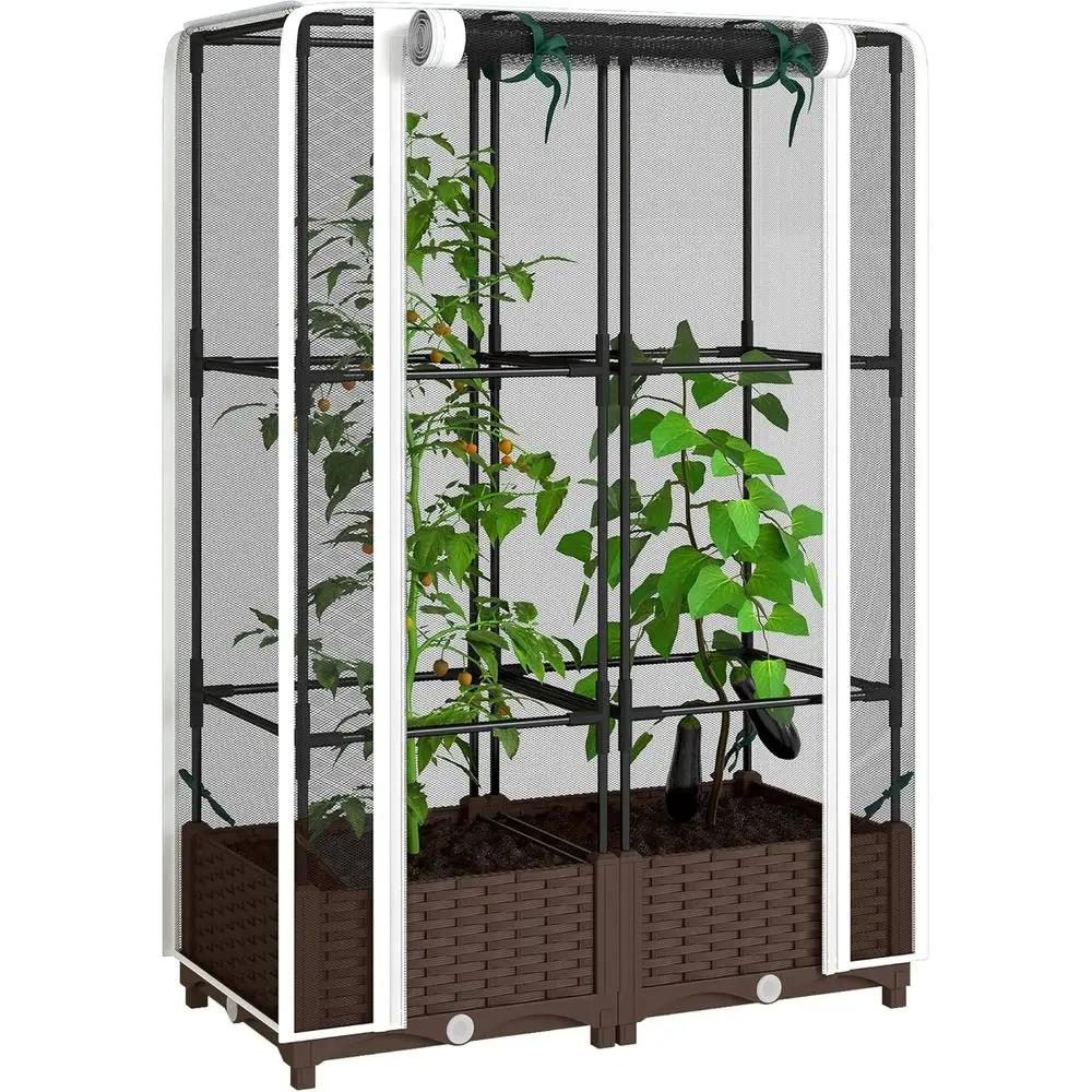 Self-Watering Planter - แปลงปลูกผักยกสูงพร้อมโครงตาข่าย, ที่รองรับมะเขือเทศขนาด 46.5 นิ้ว, กระถางปลูกแบบรดน้ำเองได้พร้อมระบบระบายน้ำ, เหมาะสำหรับปลูกพืชเลื้อยกลางแจ้ง