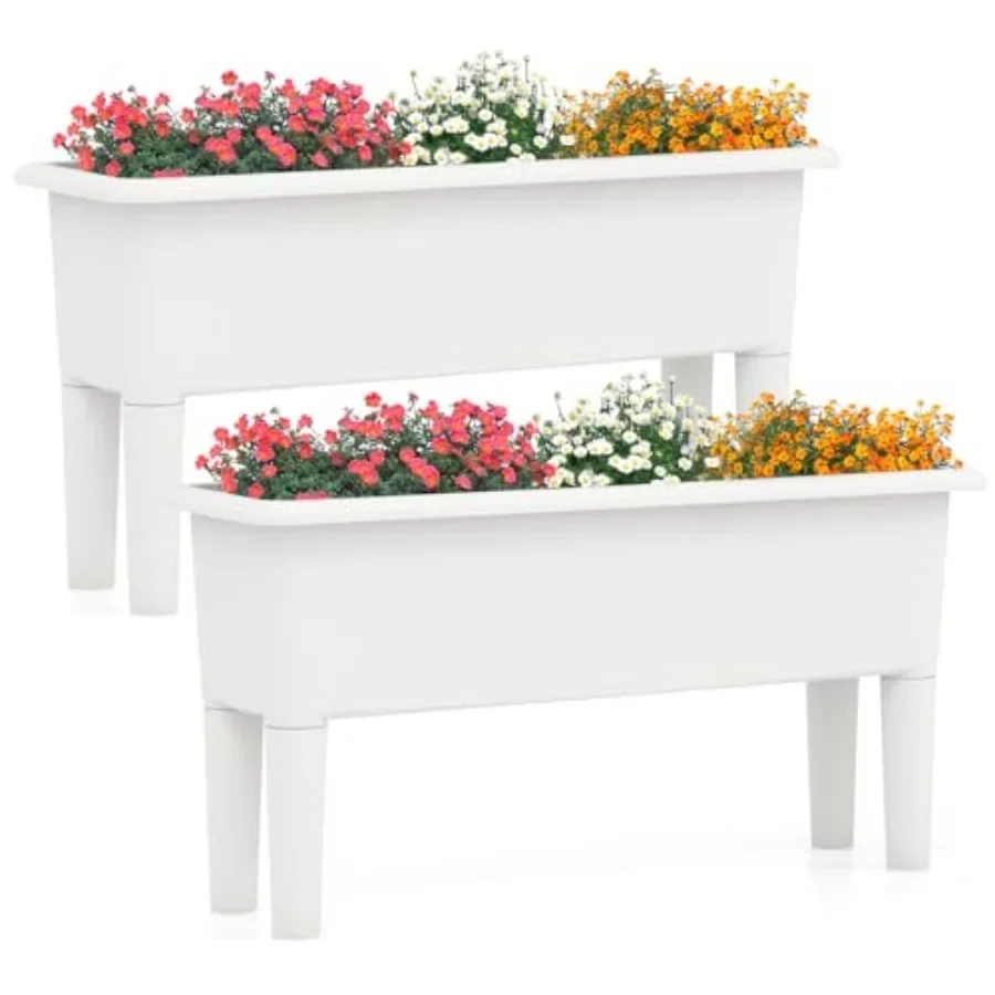 Self-Watering Planter - ชุดกระถางปลูกแบบยกสูงสำหรับใช้ภายนอกอาคาร 2 ชิ้น พร้อมระบบให้น้ำอัตโนมัติ ขาแบบถอดได้ และรูระบายน้ำ